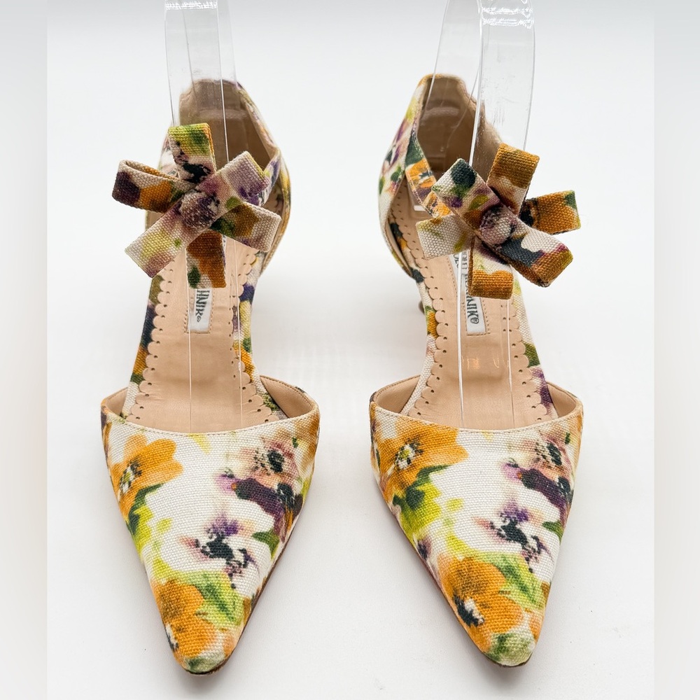 Manolo Blahnik Vintage Floral Canvas Slingback Kitten Heel Pumps EU 37.5 US 7.5 - Picture 2 of 14